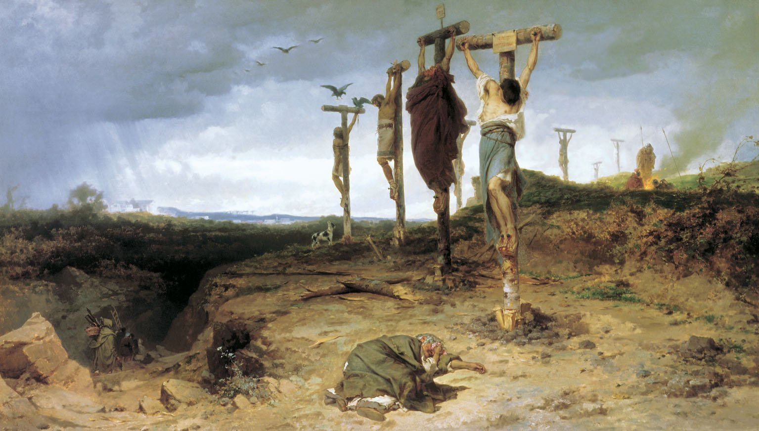 Oil painting of crucified slaves in Ancient Rome